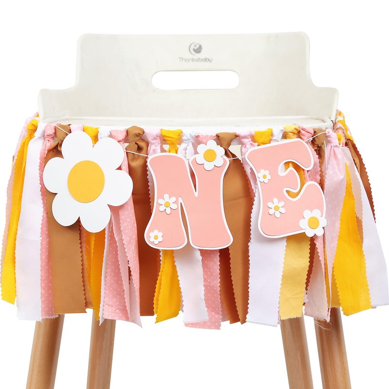 UOAOU Groovy One First Birthday High Chair Banner - One Groovy Birthday Decorations groovy Baby Shower hippie First Birthday Highchair Banner daisy 1st Birthday Garland cake Smash Backdrop Banner - Image 1